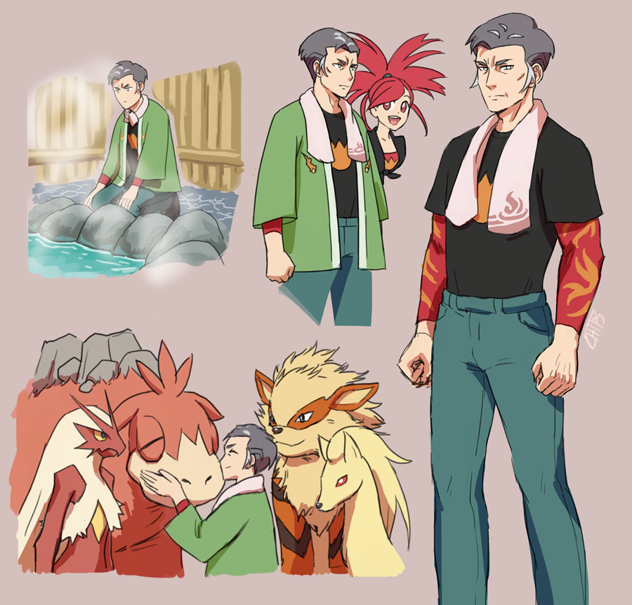 1boy, 1girl, alternate_costume, arcanine, blaziken, camerupt, chips_n_cookies, flannery_(pokemon)
