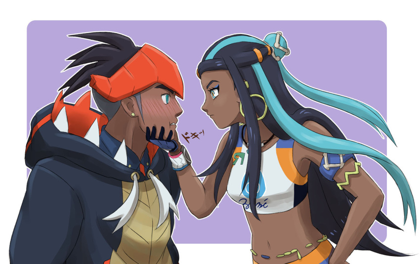 1boy, 1girl, armlet, aurantia_ignis, blush, commentary, commentary_request, dark-skinned_female, dark-skinned_male, dark_skin, earrings, english_commentary, eye_contact, gloves, hair_bun, half_updo, headband, hood, hooded_jacket, hoop_earrings, jacket, jewelry, long_hair, looking_at_another, nessa_(pokemon), orange_headband, pokemon, pokemon_swsh, profile, purple_background, raihan_(pokemon), short_hair, simple_background, sports_bra