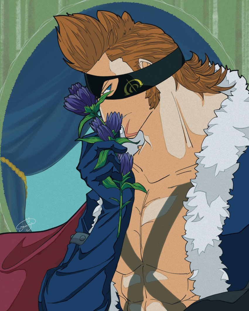 1boy, blue_eyes, blue_gloves, chest_tattoo, commentary_request, eye_mask, flower, gloves