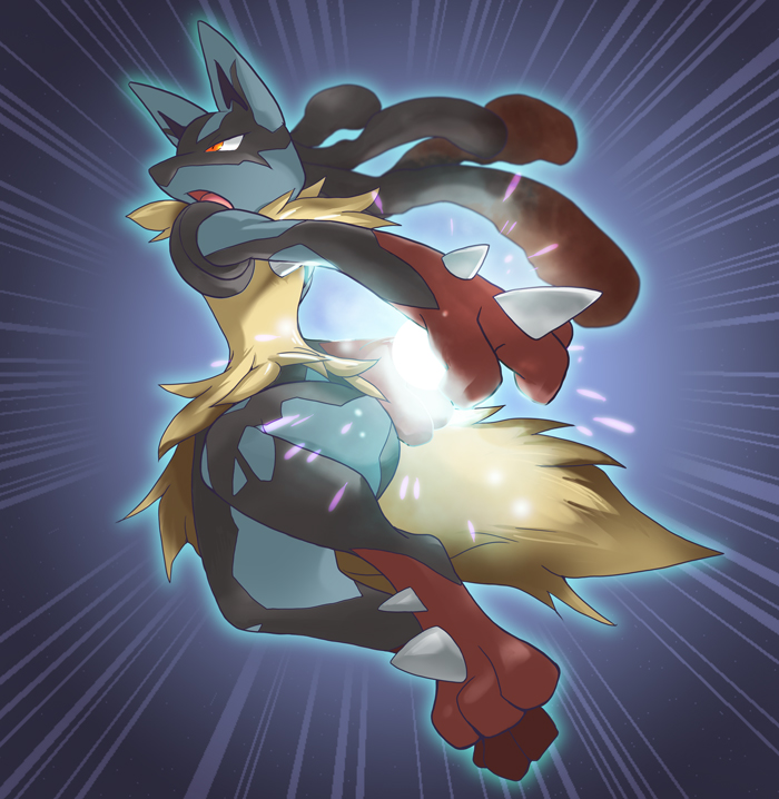 1other, aura_sphere_(pokemon), black_hair, commentary_request, full_body, furry, long_hair, lucario