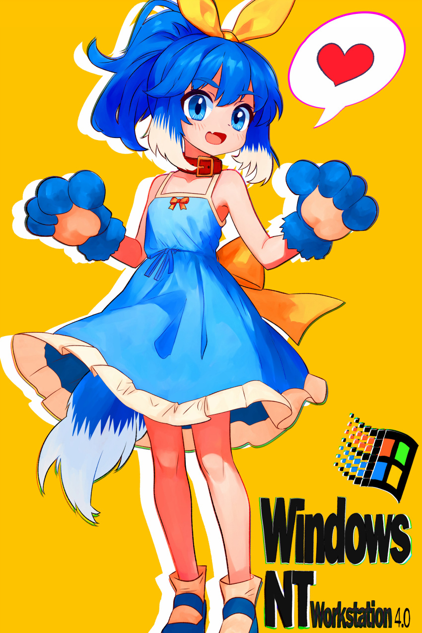 1girl, absurdres, animal_hands, belt_collar, blue_dress, blue_hair, breasts, collar
