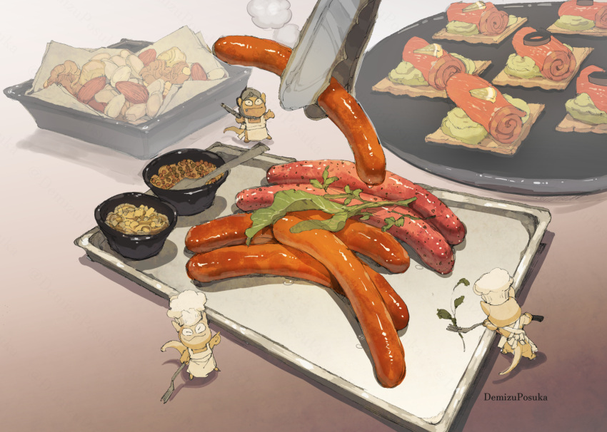 apron, artist_name, chef_hat, chorizo, cracker, creature, demizu_posuka, food