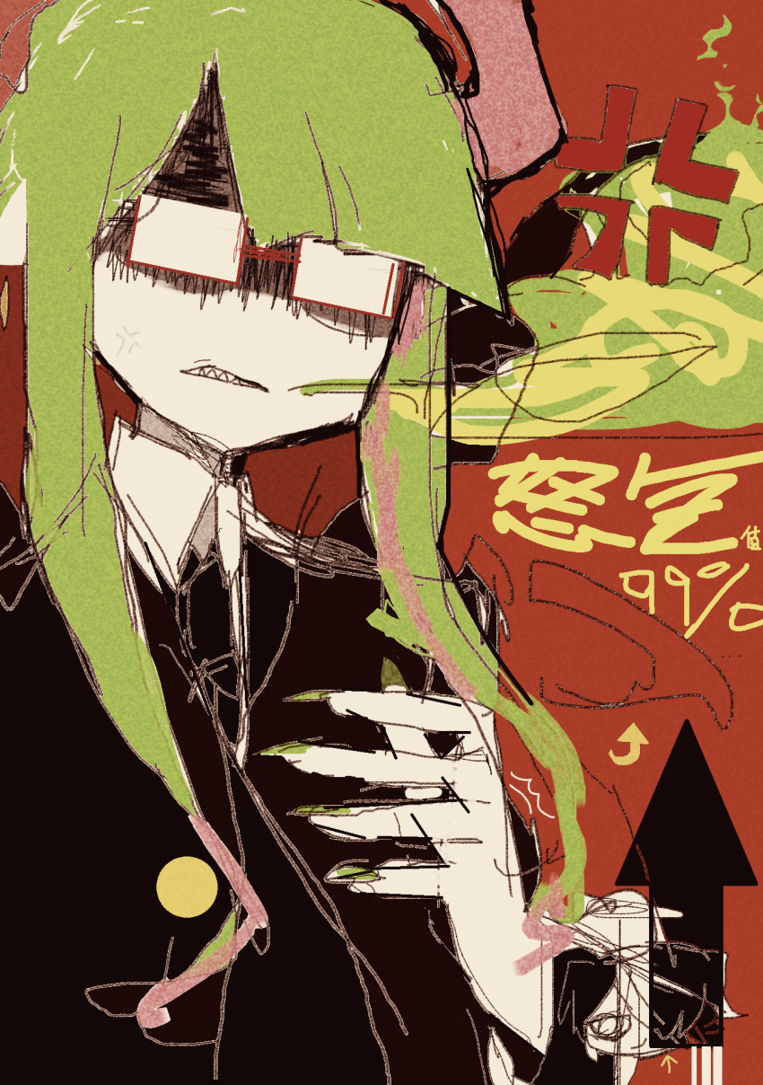 1boy, 2boys, angel, black_suit, demon_boy, demon_horns, funamusea, green_hair