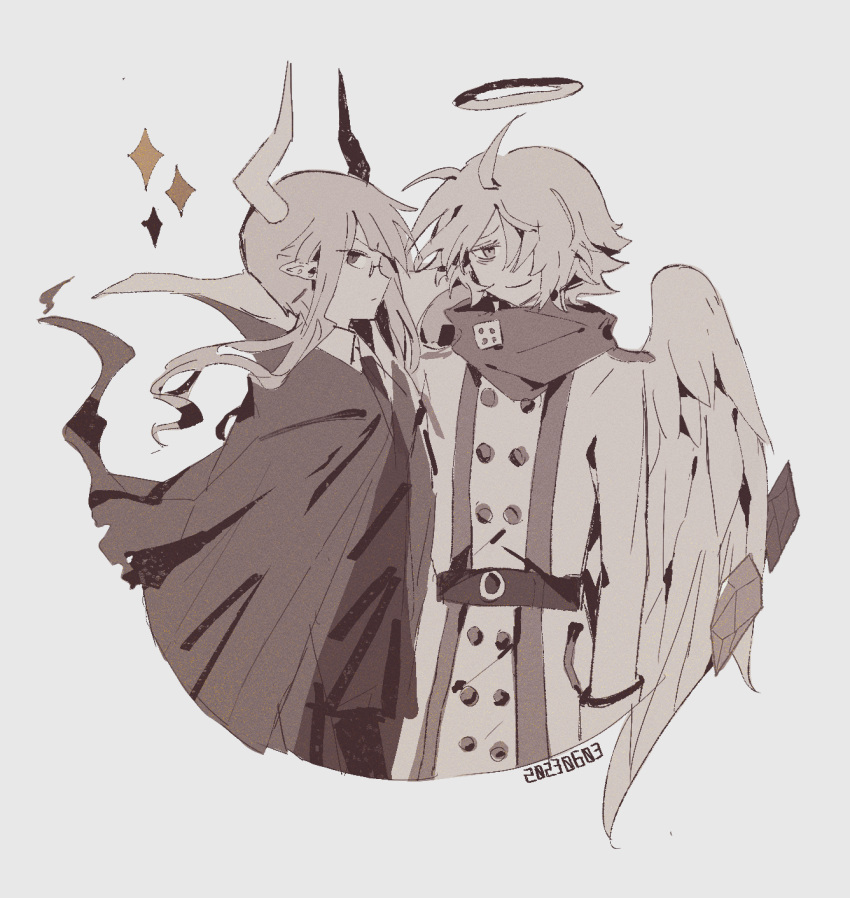 2boys, angel, cape, demon_boy, demon_horns, funamusea, haiiro_teien, halo