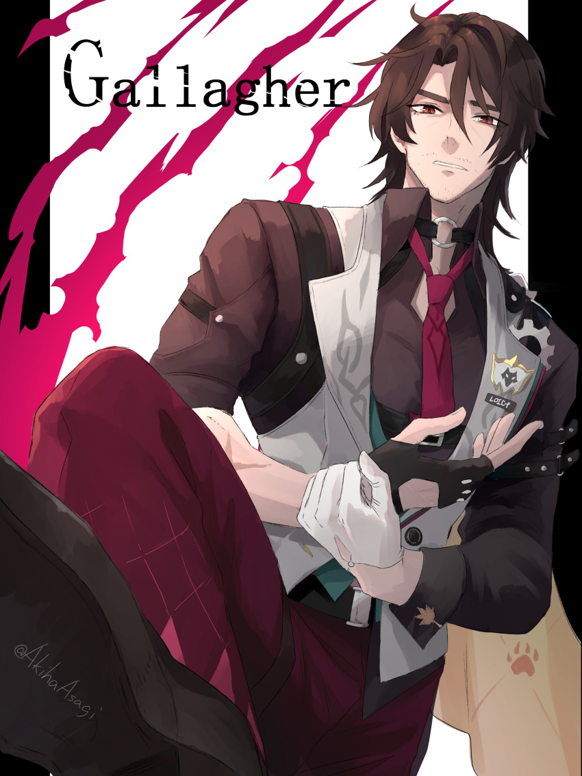 1boy, absurdres, black_gloves, brown_hair, brown_shirt, character_name, english_text, fingerless_gloves, from_below, gallagher_(honkai:_star_rail), gloves, hashtag-only_commentary, highres, hiiro_gekka, honkai:_star_rail, honkai_(series), looking_at_viewer, male_focus, necktie, paw_print, red_eyes, red_necktie, shirt, shoe_soles, stepping, vest, white_gloves, white_vest