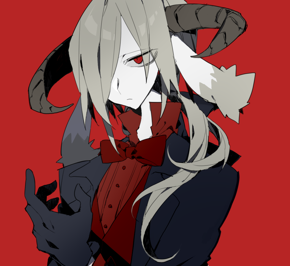 1boy, black_suit, collared_shirt, demon_boy, demon_horns, envi_(funamusea), funamusea, green_hair, higa423, horns, red_eyes, red_shirt, shirt, solo, suit