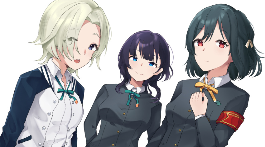 3girls, absurdres, armband, asaka_karin, black_hair, black_jacket, black_sleeves, blue_eyes