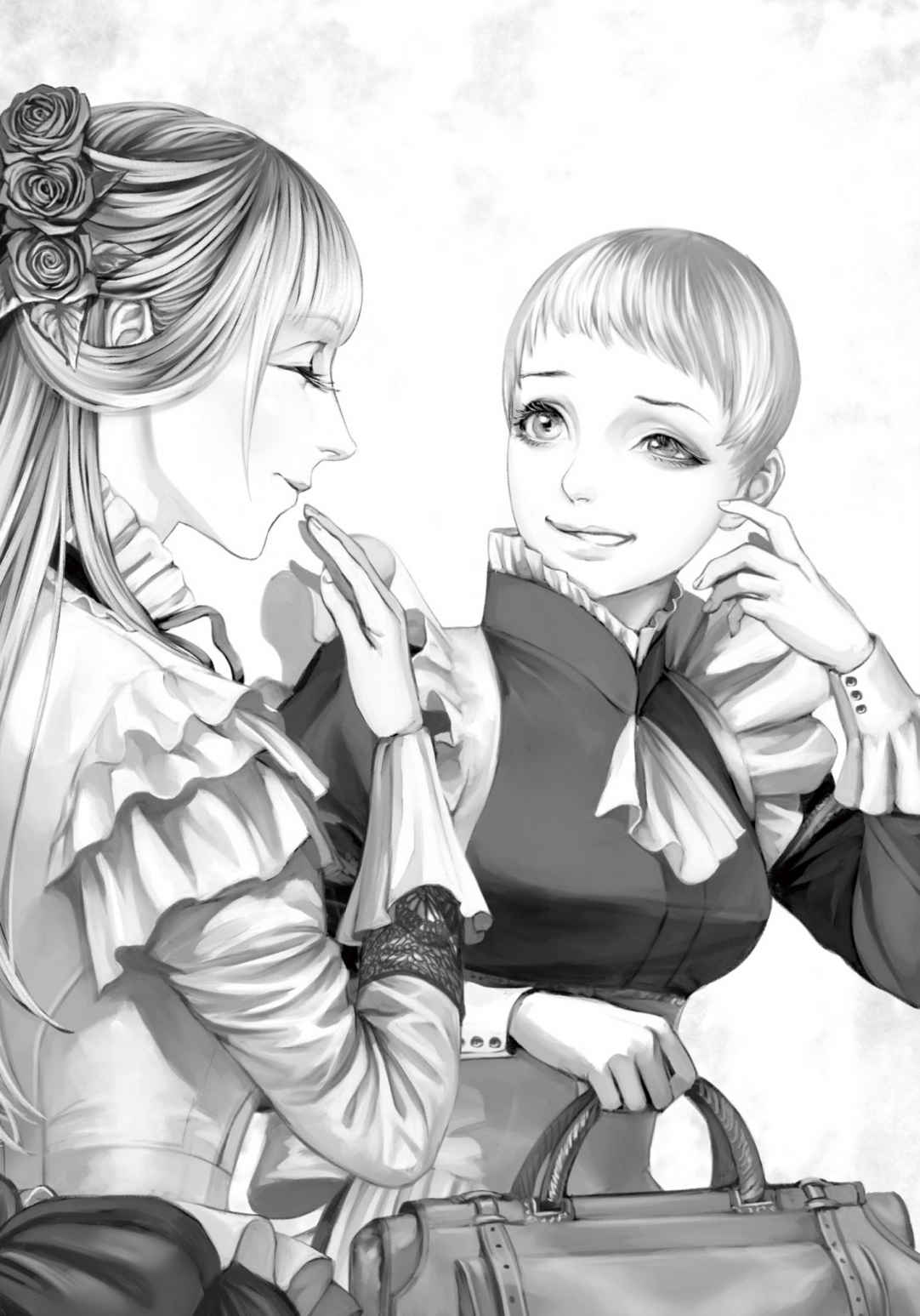 2girls, ^_^, ascot, bag, closed_eyes, collar, dress, fata_morgana_no_yakata