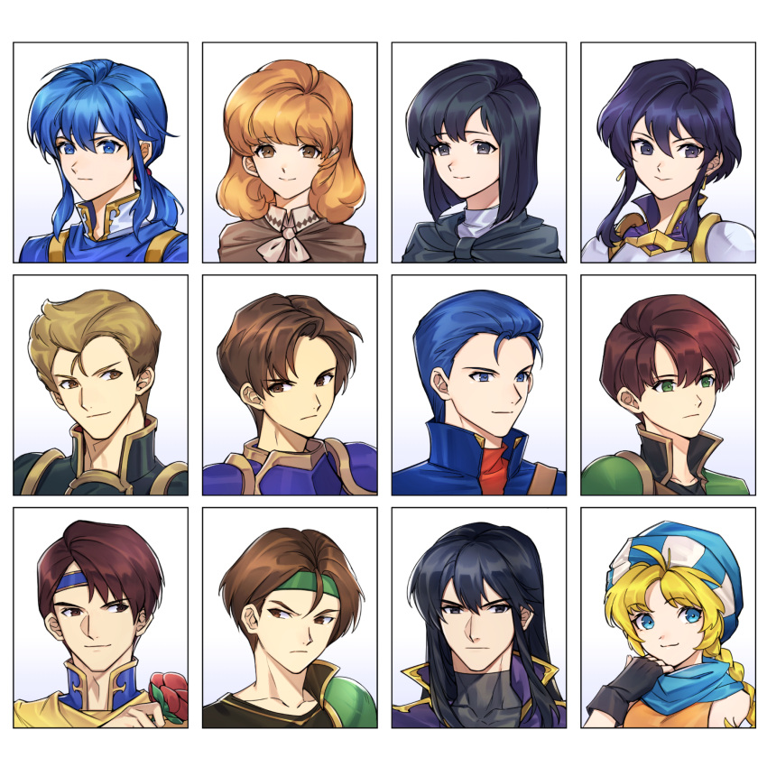 4girls, 6+boys, :>, :3, adjusting_scarf, ahoge, armor, black_armor