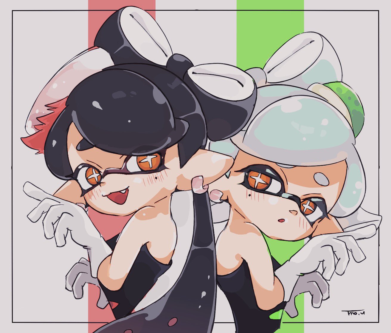 2girls, arms_up, bare_shoulders, blush, bow-shaped_hair, bright_pupils, callie_(splatoon), commentary, earrings, eyelashes, fang, food, food_on_head, gloves, grey_hair, hoop_earrings, inkling, inset_border, jewelry, long_hair, long_pointy_ears, looking_at_another, marie_(splatoon), mole, mole_under_eye, moyu_u0, multiple_girls, object_on_head, open_mouth, pointy_ears, short_eyebrows, short_hair, smile, splatoon_(series), splatoon_3, star-shaped_pupils, star_(symbol), sushi, symbol-shaped_pupils, tentacle_hair, thick_eyebrows, white_background, white_gloves, white_pupils