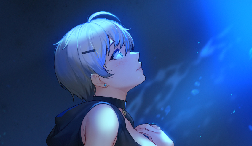1girl, ahoge, black_collar, blue_eyes, captain_dora, collar, earrings, from_side, grey_hair, hair_ornament, hairpin, hood, hood_down, indie_virtual_youtuber, jewelry, lips, looking_up, momera, night, night_sky, short_hair, sky, sleeveless, solo, upper_body, virtual_youtuber