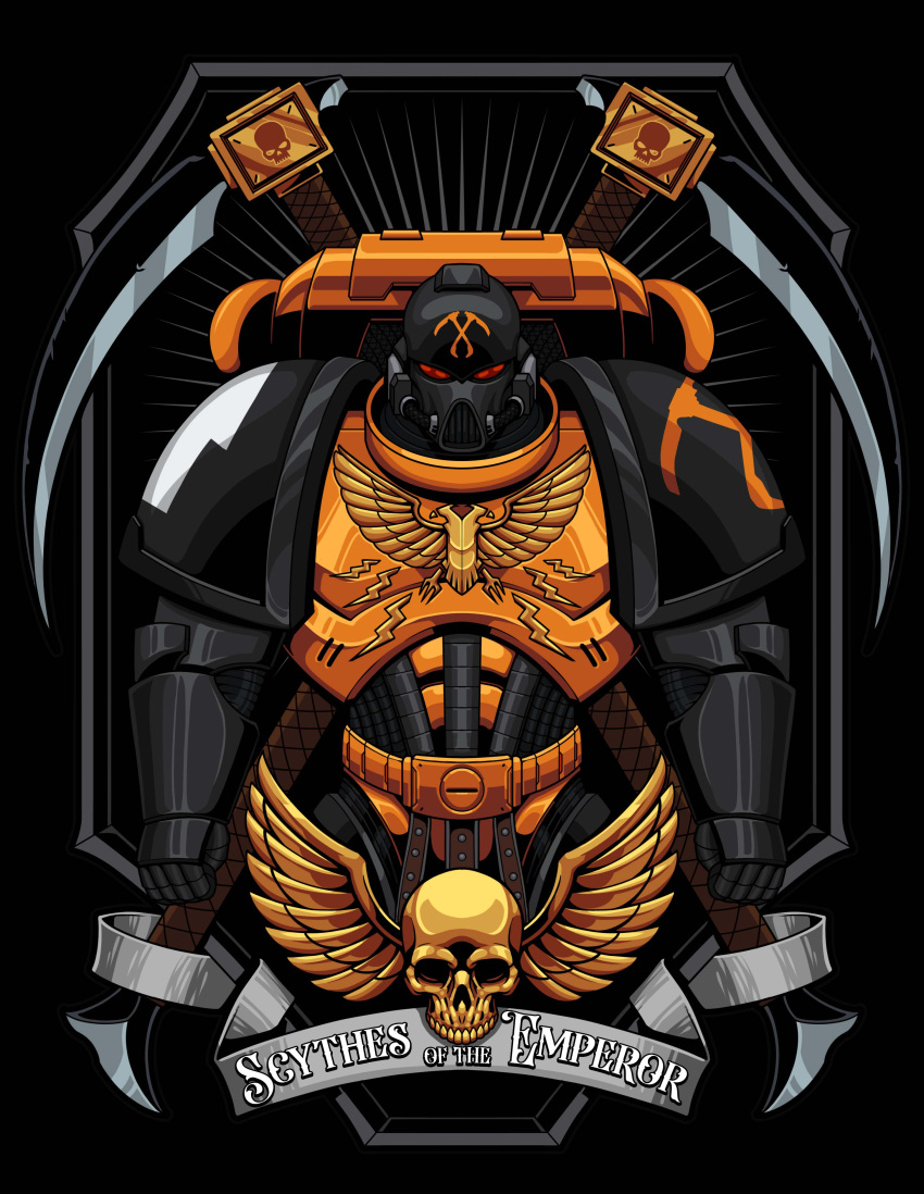 1boy, absurdres, adeptus_astartes, armor, black_background, darkmindz_illu, english_text, full_armor, gauntlets, helmet, highres, imperium_of_man, looking_at_viewer, male_focus, pauldrons, power_armor, red_eyes, scythe, shoulder_armor, skull, solo, warhammer_40k