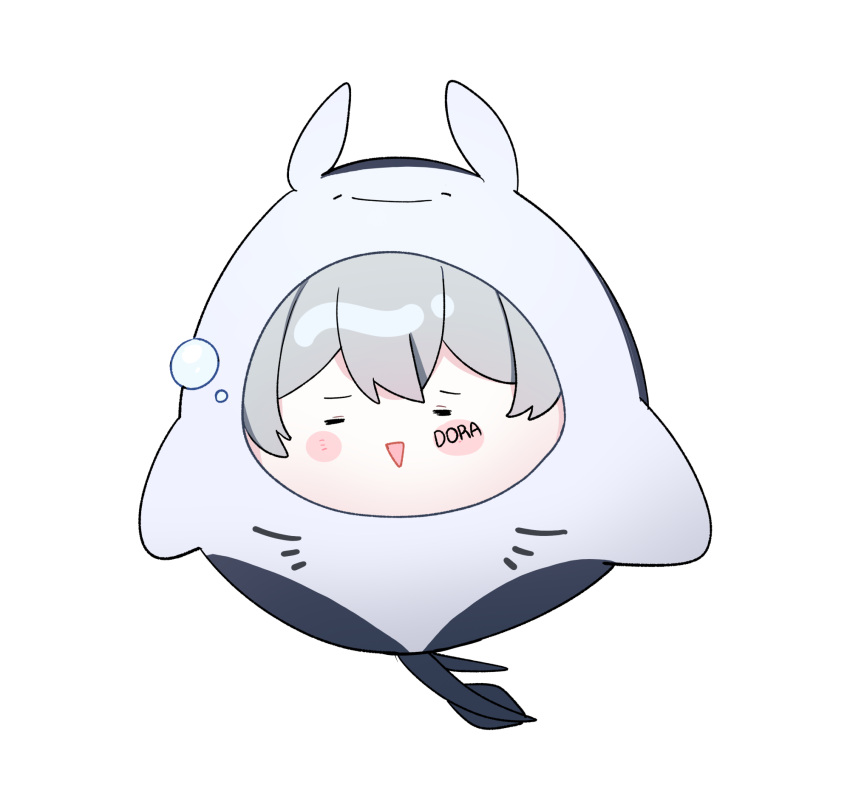 1girl, blush_stickers, bubble, captain_dora, character_name, chibi, closed_eyes, grey_hair, highres, indie_virtual_youtuber, manta_ray_girl, ropu_16_(artist), solo, tail, triangle_mouth, virtual_youtuber