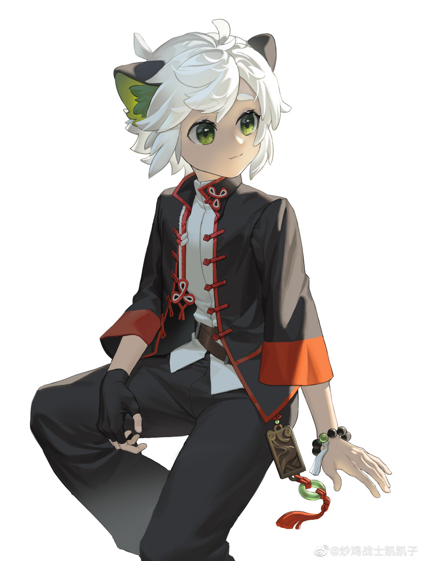 1boy, absurdres, animal_ears, bead_bracelet, beads, black_coat, black_pants, bracelet