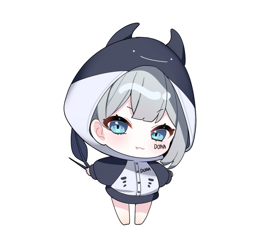 1girl, black_jacket, blue_eyes, buttons, captain_dora, character_name, chibi, closed_mouth, clothes_writing, fang, grey_hair, grey_jacket, highres, hood, hooded_jacket, indie_virtual_youtuber, jacket, manta_ray_hood, multicolored_jacket, ropu_16_(artist), solo, tail, two-tone_jacket, virtual_youtuber