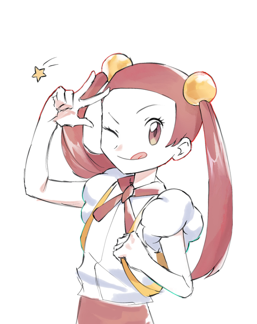 1girl, backpack, bag, hair_bobbles, hair_ornament, highres, looking_at_viewer, mira_(pokemon), one_eye_closed, pink_hair, pokemon, pokemon_dppt, pokemon_platinum, simple_background, sioma709iie, smile, solo, star_(symbol), three-finger_salute, tongue, tongue_out, twintails, white_background, yellow_bag