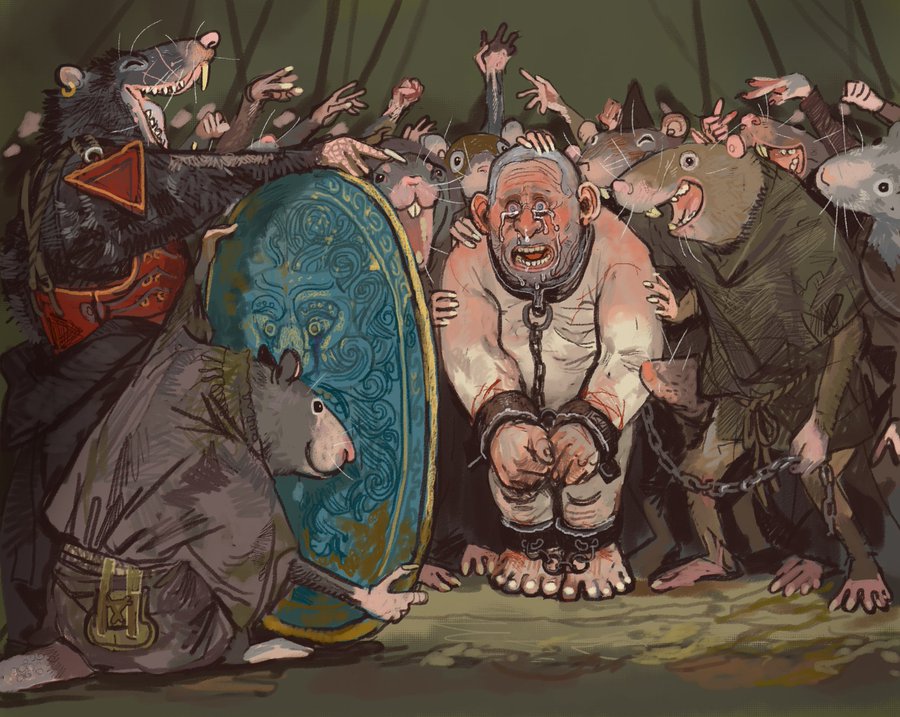 animal_ears, chain, chained, crying, crying_with_eyes_open, cuffs, dwarf, humiliation, male_focus, mossacannibalis, mouse_ears, multiple_boys, non-web_source, shackles, shaved_beard, skaven, tears, topless_male, warhammer_40k, warhammer_fantasy