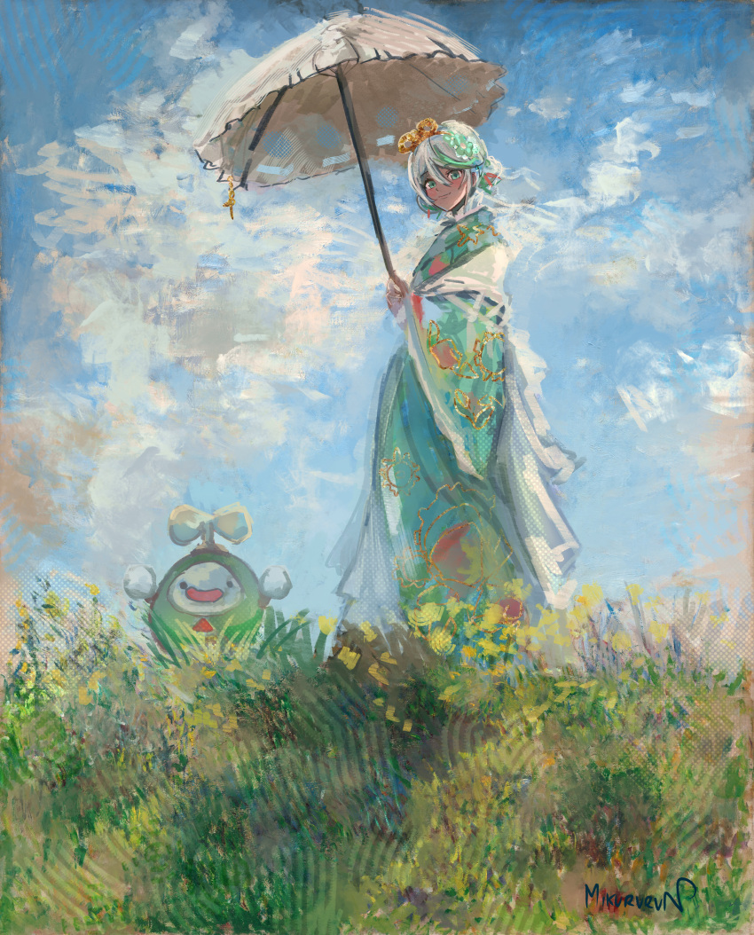 1girl, absurdres, artist_name, blue_sky, cecilia_immergreen, cecilia_immergreen_(new_year), claude_monet_(style), clouds