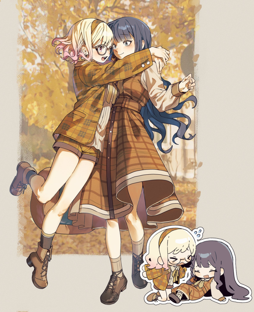 2girls, autumn_leaves, bare_legs, bespectacled, black_hair, black_socks, blonde_hair, blue_eyes, blunt_bangs, blush, brown_dress, brown_footwear, brown_hairband, brown_shirt, brown_shorts, brown_socks, chibi, commentary_request, dress, full_body, gamtwi111, glasses, gradient_hair, hairband, happy_enjoy_music!_(project_sekai), highres, hoshino_ichika_(project_sekai), hug, jacket, korean_commentary, leaf, long_hair, long_sleeves, multicolored_hair, multiple_girls, neck_ribbon, official_alternate_costume, official_alternate_hair_length, official_alternate_hairstyle, open_clothes, open_jacket, open_mouth, pinafore_dress, pink_eyes, pink_hair, plaid_clothes, plaid_dress, project_sekai, ribbon, shirt, short_hair, shorts, sidelocks, sleeveless, sleeveless_dress, smile, socks, standing, standing_on_one_leg, swept_bangs, teeth, tenma_saki, upper_teeth_only