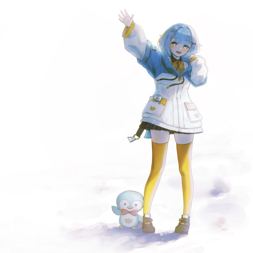1girl, :d, absurdres, bird, black_footwear, blonde_hair, blue_eyes, blue_hair