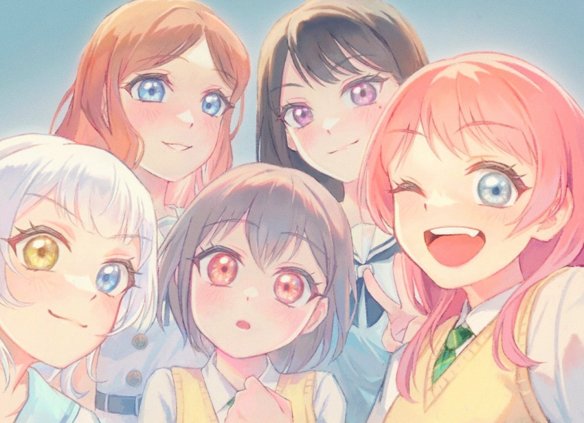 5girls, bang_dream!, bang_dream!_it's_mygo!!!!!, blue_eyes, blush, brown_hair, chihaya_anon, closed_mouth