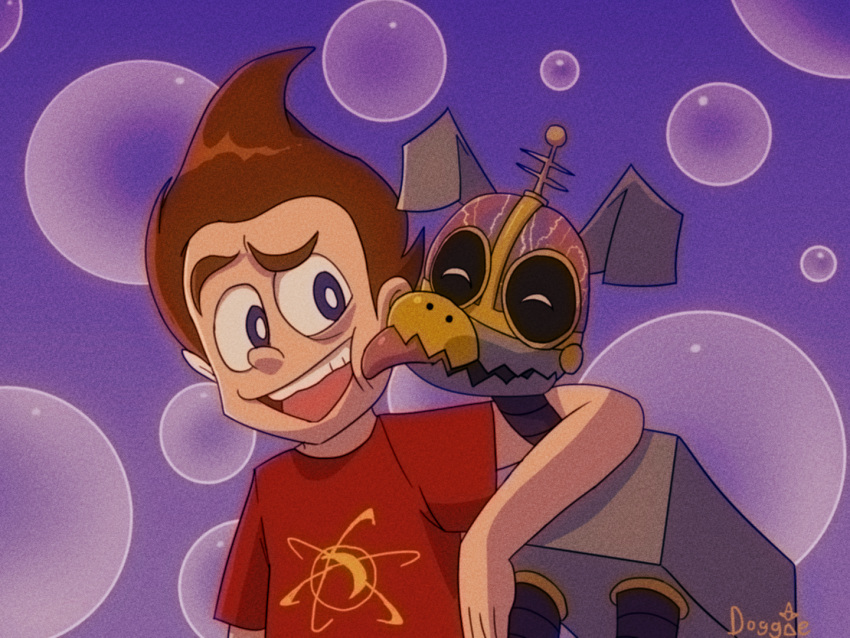 1990s_(style), 1boy, animification, blue_eyes, brown_hair, doggie358, goddard_(jimmy_neutron), jimmy_neutron