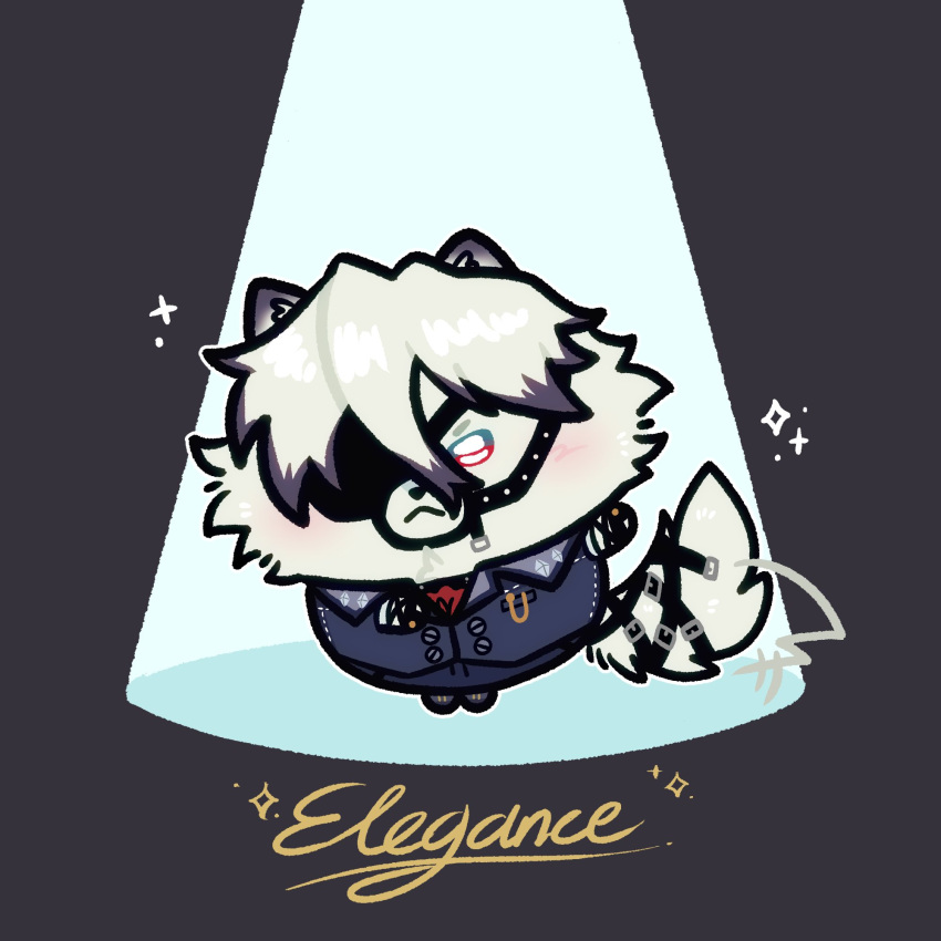 1boy, animal_ears, bmoo00o, chibi, chiikawa, closed_mouth, colored_tips, english_commentary, english_text, eyepatch, furry, furry_male, highres, male_focus, multicolored_hair, one_eye_covered, parody, style_parody, tail, tail_belt, von_lycaon, wolf_boy, wolf_ears, wolf_tail, zenless_zone_zero