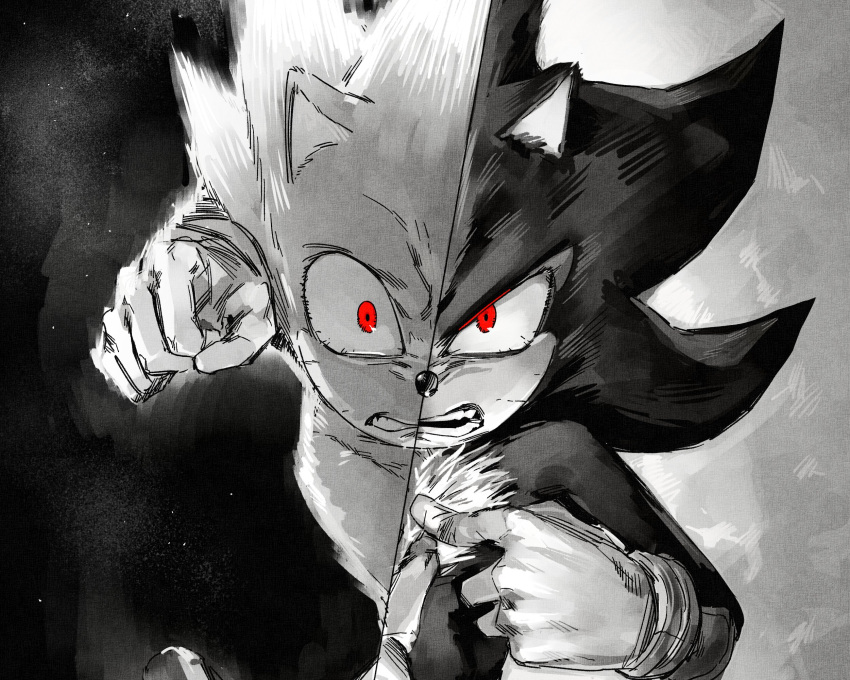 2boys, angry, bloodshot_eyes, clenched_hand, clenched_teeth, constricted_pupils, diamondx1704, emphasis_lines, gloves, glowing, glowing_eyes, glowing_hair, greyscale, grimace, hedgehog_boy, highres, imminent_hit, inhibitor_rings, lying, monochrome, motion_lines, multiple_boys, on_back, open_mouth, paramount_pictures, pointing, pointing_at_self, red_eyes, scene_reference, shadow_the_hedgehog, sky, sonic_(live_action), sonic_(series), sonic_the_hedgehog, sonic_the_hedgehog_3_(film), space, split_screen, split_theme, spot_color, star_(sky), starry_sky, super_sonic, symmetry, teeth