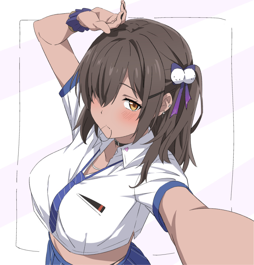 1girl, arms_up, blush, breasts, brown_eyes, brown_hair, collared_shirt, dark-skinned_female