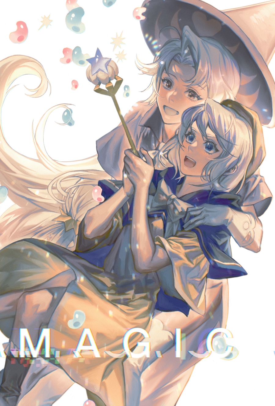 2girls, brown_dress, brown_eyes, capelet, cookie_run, cookie_run:_kingdom, cream_puff_cookie, dark-skinned_female, dark_skin, dress, elbow_gloves, gloves, hat, highres, holding, humanization, latte_cookie, long_hair, multiple_girls, omega_(1223440887), open_mouth, shirt, smile, thigh-highs, very_long_hair, white_gloves, white_hair
