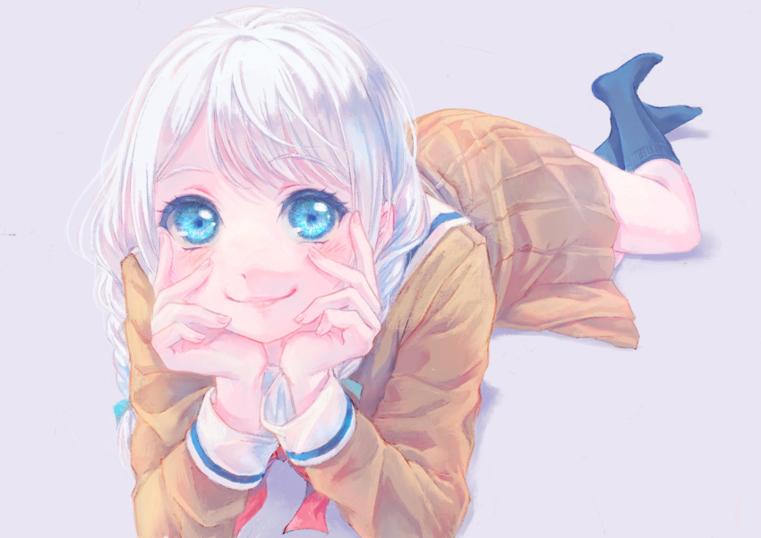 1girl, bang_dream!, blue_eyes, blush, braid, brown_shirt, brown_skirt, commentary