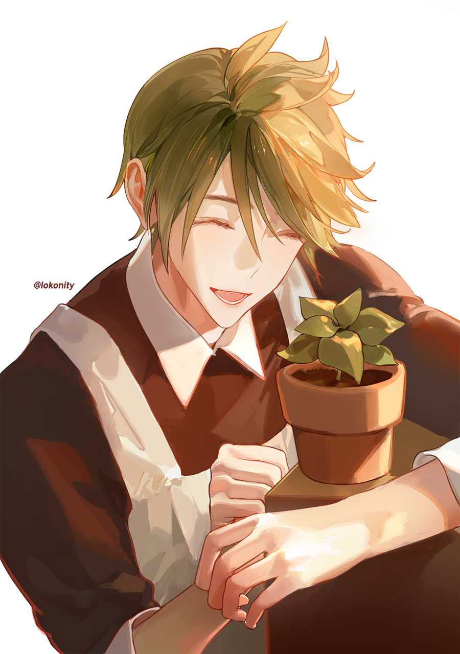 1boy, ahoge, apron, brown_shirt, cookie_run, green_hair, herb_cookie, highres, holding, humanization, looking_at_viewer, male_focus, open_mouth, plant, potted_plant, serenity0712, shirt, short_hair, simple_background, smile, solo, white_apron, white_background