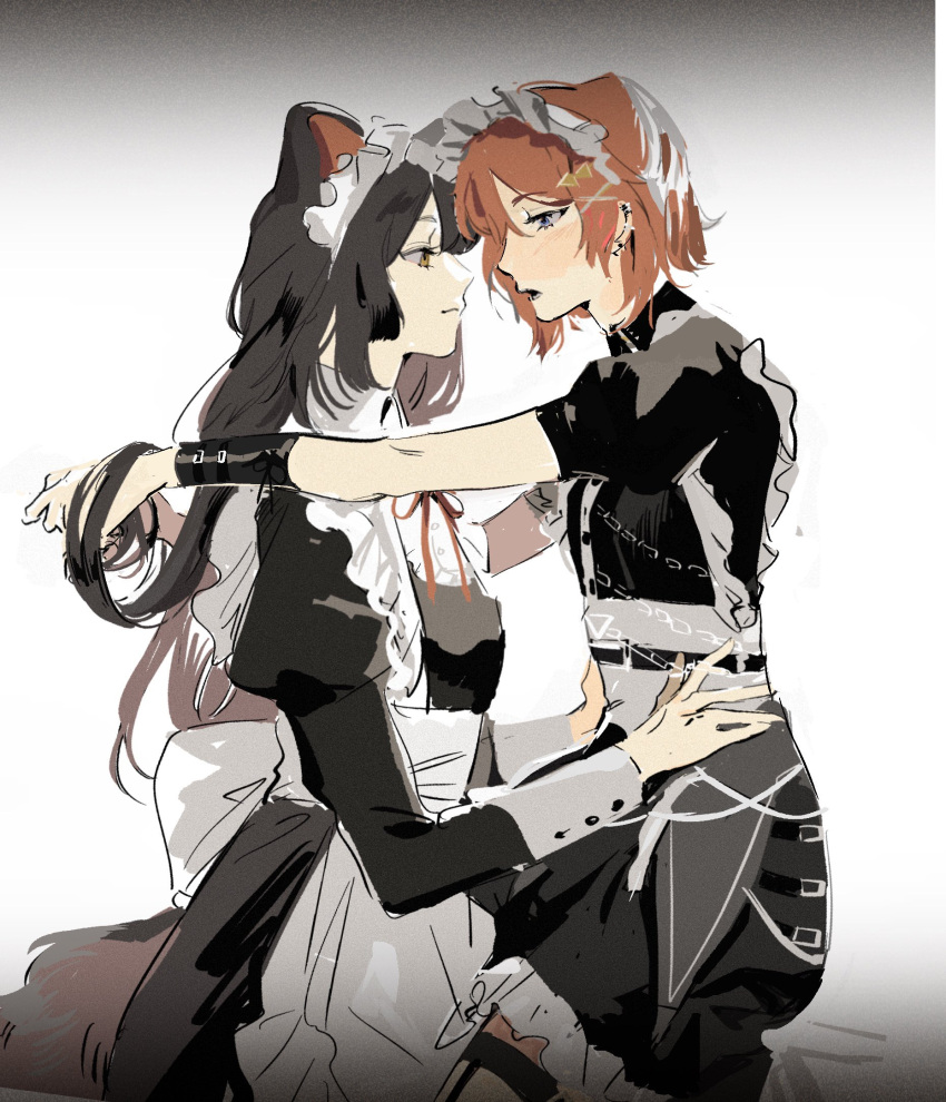 22_(22mimi2434), 2girls, ange_katrina, animal_ears, apron, arms_around_neck, black_dress, black_hair