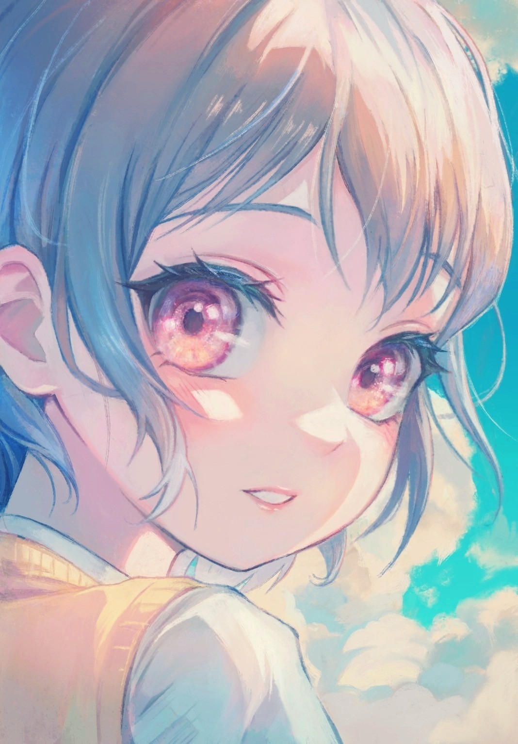1girl, bang_dream!, bang_dream!_it's_mygo!!!!!, blush, brown_sweater_vest, close-up, commentary, grey_hair, haneoka_school_uniform, highres, looking_back, open_mouth, red_eyes, school_uniform, shirohata_nagisa, shirt, short_hair, solo, sweater_vest, takamatsu_tomori, white_shirt