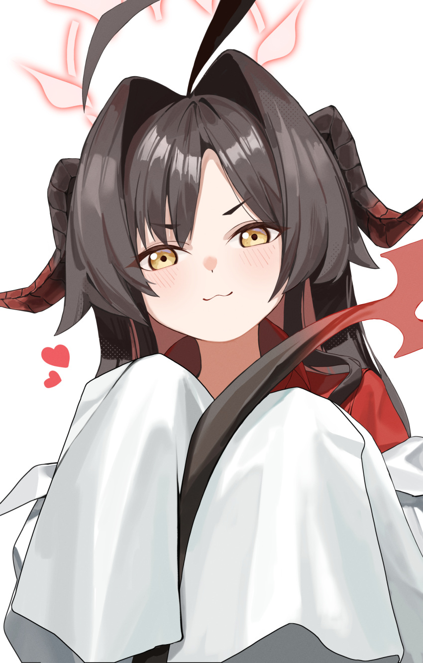 1girl, ahoge, black_hair, blue_archive, coat, demon_girl, demon_horns, demon_tail