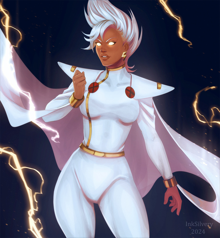 1girl, bodysuit, breasts, cape, dark-skinned_female, dark_skin, earrings, highres