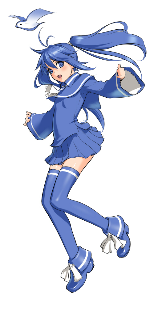 ahoge, bad_id, bird, blue_eyes, blue_hair, imaichi_moenai_ko, kobe_shimbun, kobe_shinbun, long_hair, sano_toshihide, school_uniform, skirt, sleeves_past_wrists, solo, thigh-highs, thighhighs, twintails, zettai_ryouiki