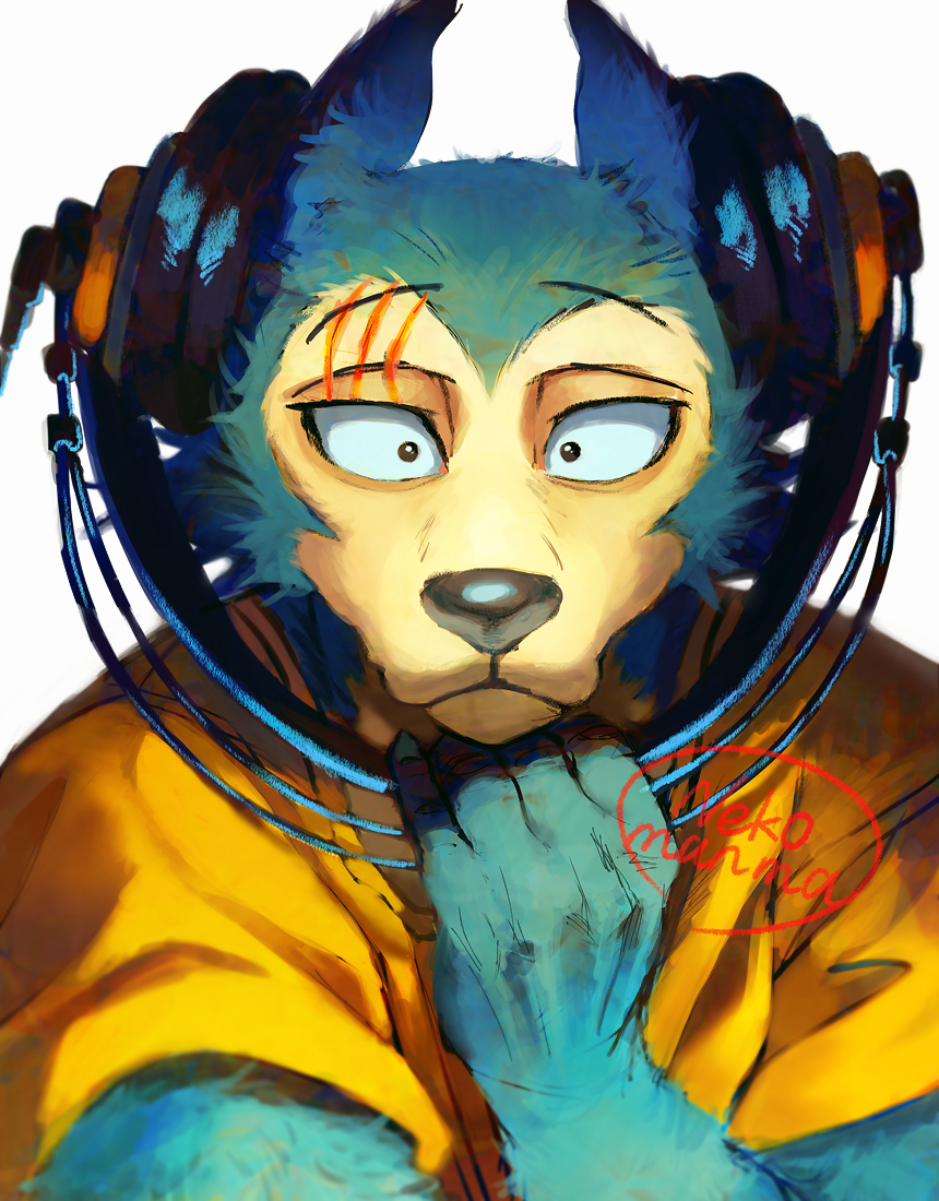 1boy, animal_ears, artist_name, beastars, closed_mouth, commentary_request, furry, furry_male, headphones, legoshi, male_focus, nekosoul, scar, scar_across_eye, scar_on_face, shirt, smile, upper_body, white_background, wolf_boy, wolf_ears, yellow_shirt