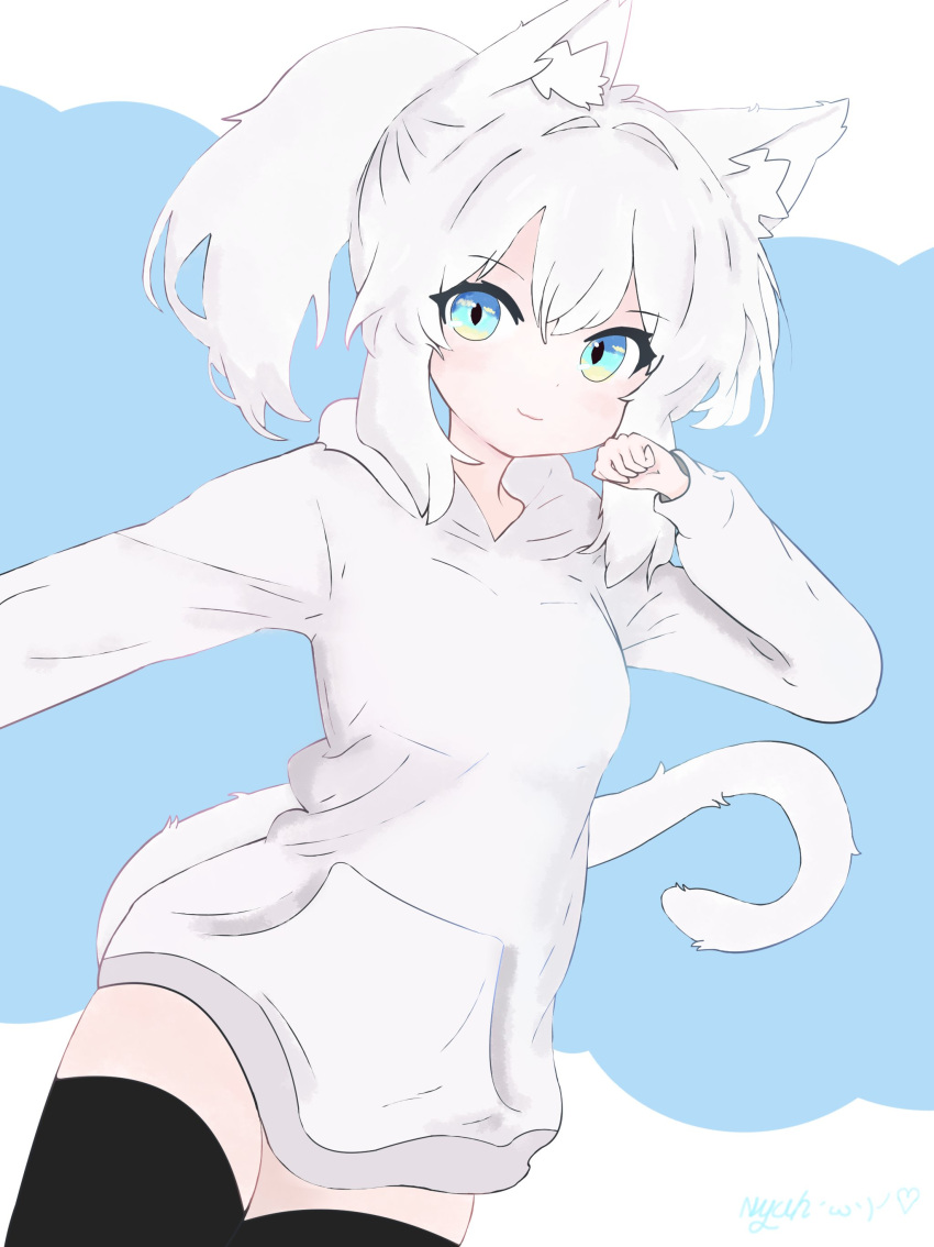 1girl, absurdres, black_thighhighs, blue_eyes, cat_girl, green_eyes, highres, hood