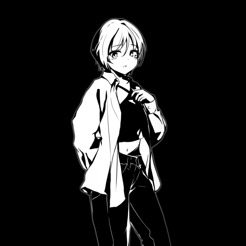 1girl, arm_behind_back, black_background, blush, commentary, criss-cross_halter, crop_top, english_commentary