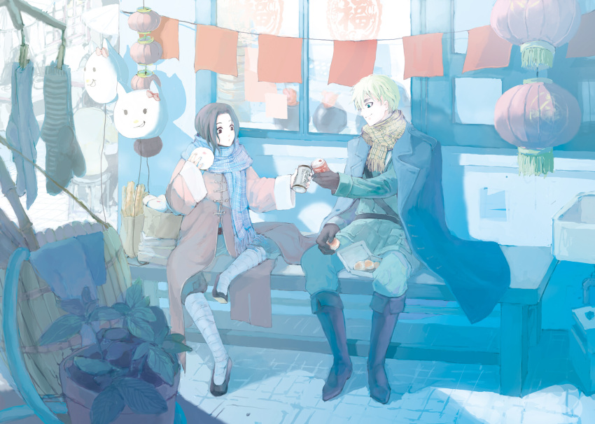 axis_powers_hetalia, bench, black_hair, blonde_hair, blue, china_(hetalia), drink, food