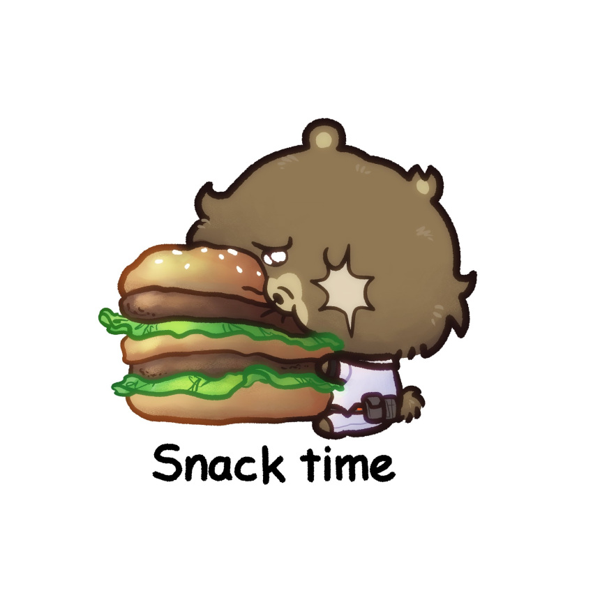 1boy, animal_ears, bear_boy, bear_ears, bear_tail, ben_bigger, bmoo00o, brown_fur, burger, chiikawa, eating, english_commentary, english_text, food, furry, furry_male, highres, jacket, looking_at_food, male_focus, notched_ear, pants, scar, scar_across_eye, sitting, tail, white_background, white_jacket, white_pants, zenless_zone_zero