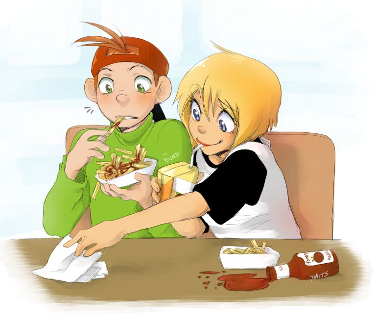 1boy, 1girl, black_shirt, blonde_hair, blue_eyes, cartoon_network, couple, deviantart