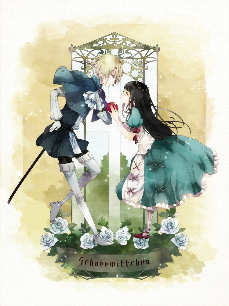 1girl, apple, black_hair, blonde_hair, couple, crown, flower, food