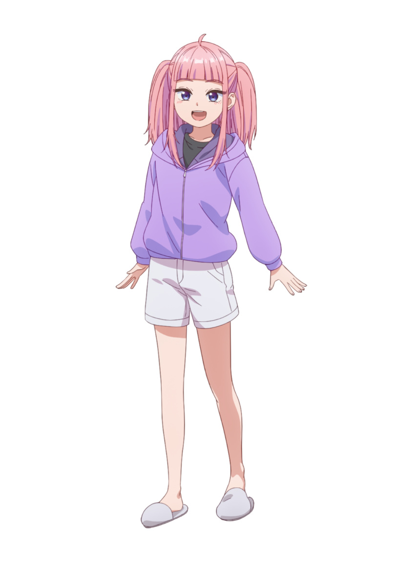 1girl, :d, ahoge, black_shirt, blue_eyes, blunt_bangs, dosanko_gal_wa_namaramenkoi, full_body