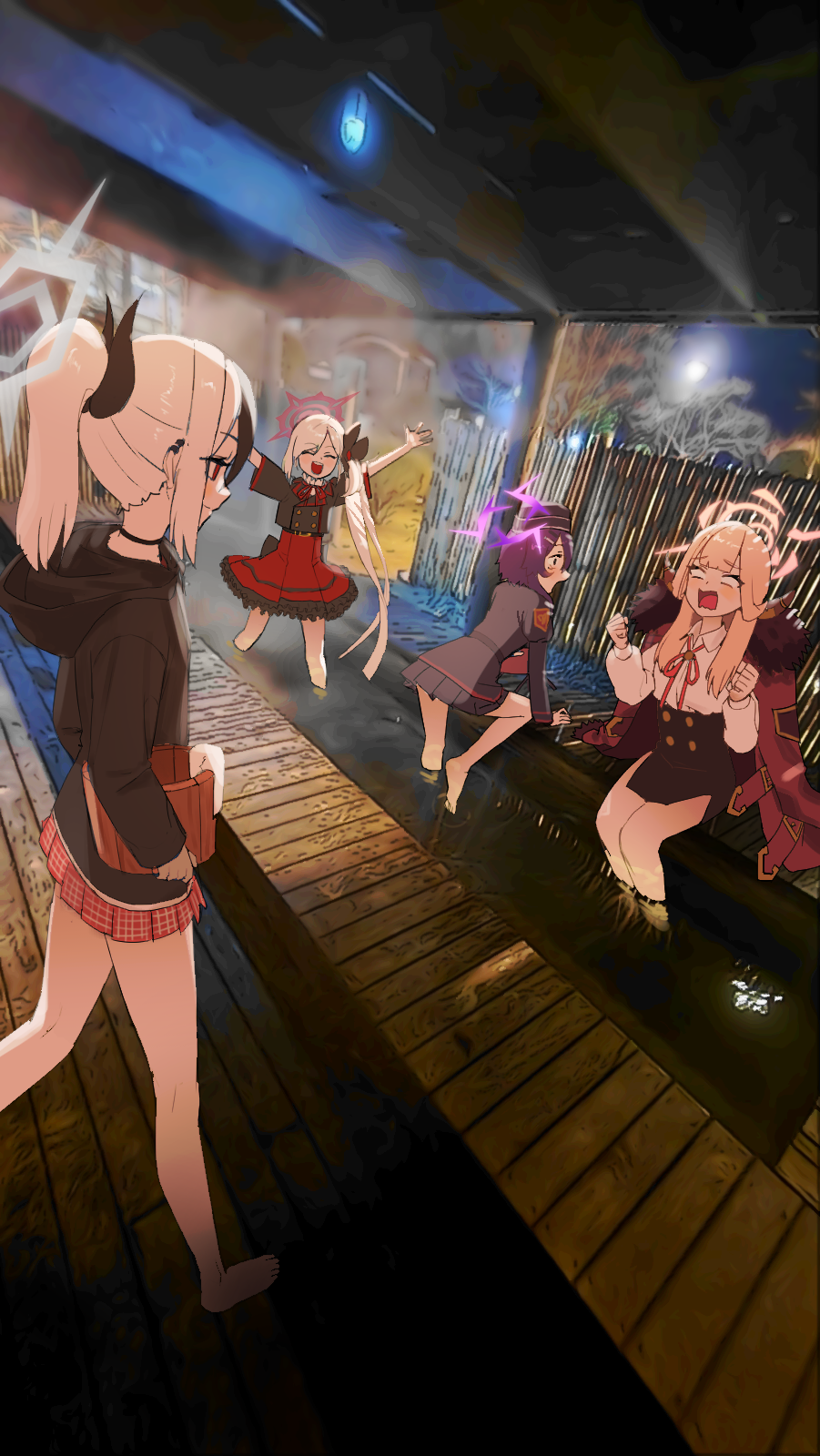 4girls, arms_up, aru_(blue_archive), barefoot, black_hoodie, black_shirt, black_skirt, blank_eyes