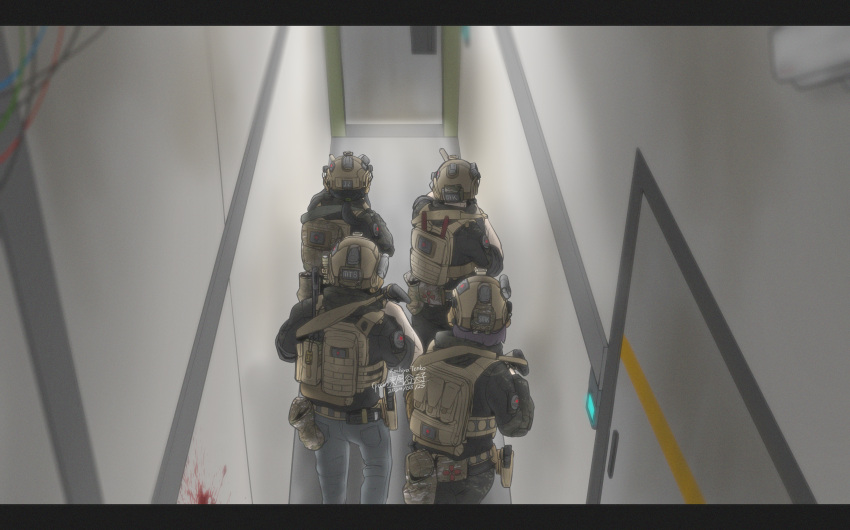 4others, absurdres, ar-15, black_jacket, blood, blood_on_wall, body_armor, combat_helmet