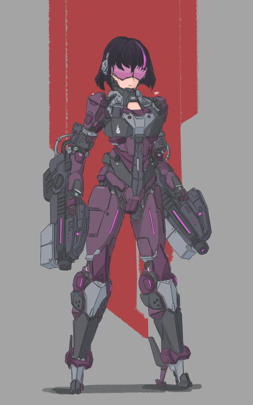 1girl, 34composite, absurdres, android, black_hair, covered_eyes, dual_wielding, full_body