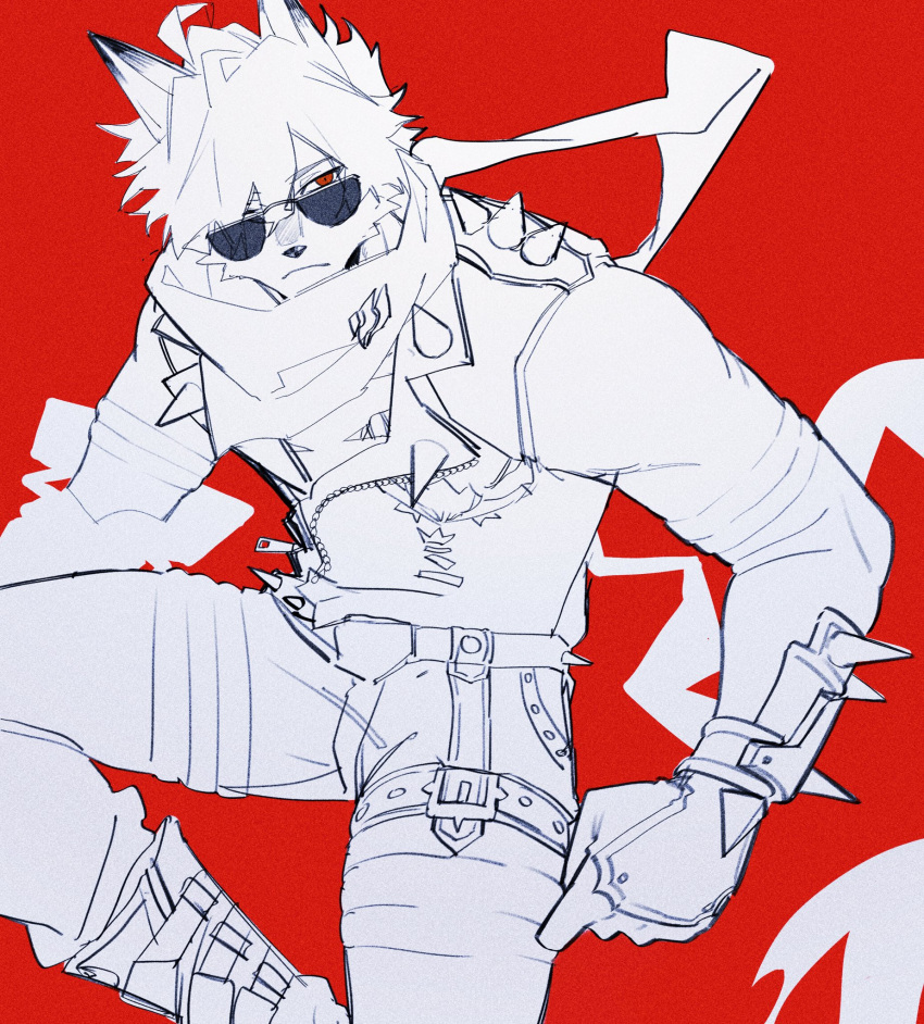 1boy, animal_ears, closed_mouth, commentary, cosplay, furry, furry_male, highres, lighter_(zenless_zone_zero), lighter_(zenless_zone_zero)_(cosplay), male_focus, one_eye_closed, pluto_(pu94_d1de4c), red_background, red_eyes, scarf, sunglasses, symbol-only_commentary, von_lycaon, wolf_boy, wolf_ears, zenless_zone_zero