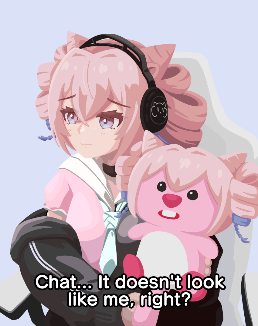 1girl, absurdres, animal_ears, arknights, black_jacket, chair, closed_mouth, commentary, corrupted_twitter_file, drill_hair, english_commentary, english_text, gaming_chair, glasses_loopy_plushie_(meme), gribberoni, headphones, highres, jacket, lilypichu, long_hair, long_sleeves, loopy_(pororo), meme, mouse_ears, no_lineart, offlinetv, parody, pink_hair, pink_shirt, pororo_the_little_penguin, purple_hair, shirt, simple_background, solo, stuffed_toy, swivel_chair, twin_drills, u-official_(arknights), upper_body, violet_eyes, voice_actor_connection, wig